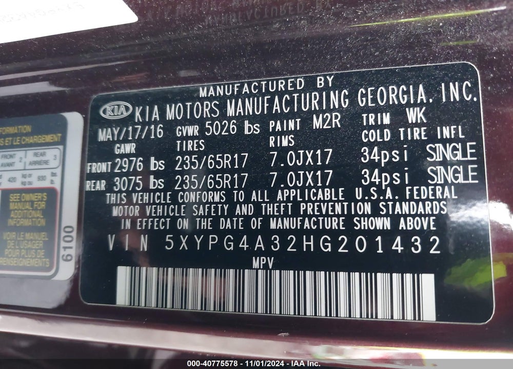 2017 KIA SORENTO 2.4L LX VIN: 5XYPG4A32HG201432
