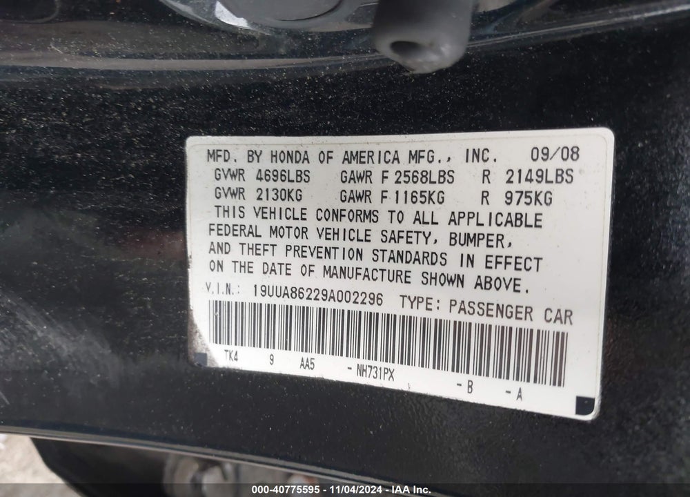 2009 ACURA TL 3.5 VIN: 19UUA86229A002296