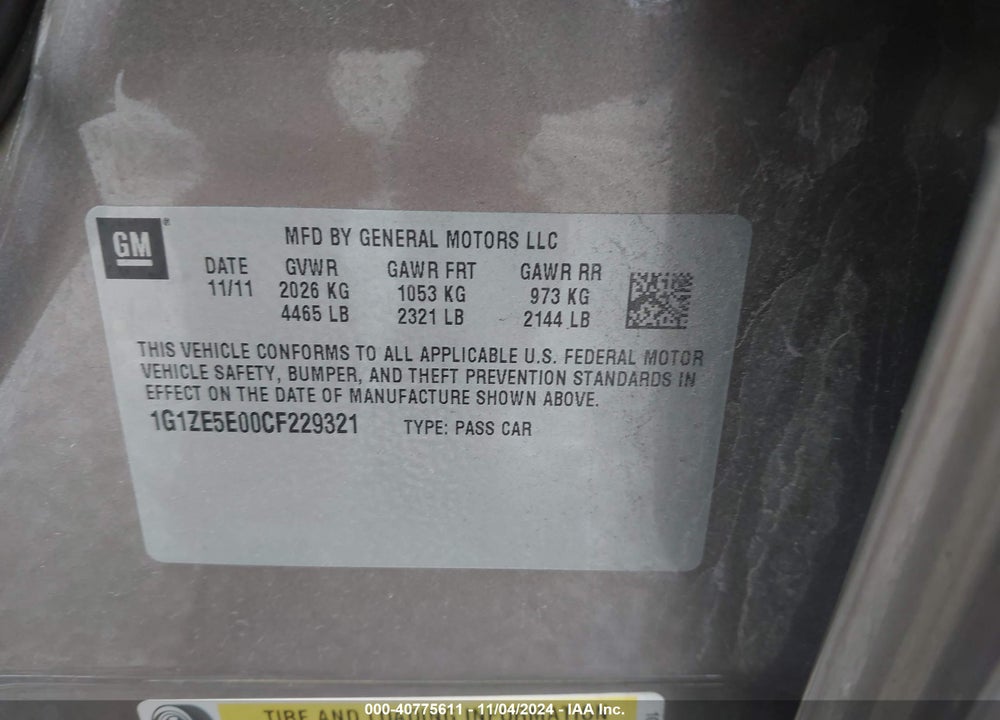 2012 CHEVROLET MALIBU 1LZ VIN: 1G1ZE5E00CF229321