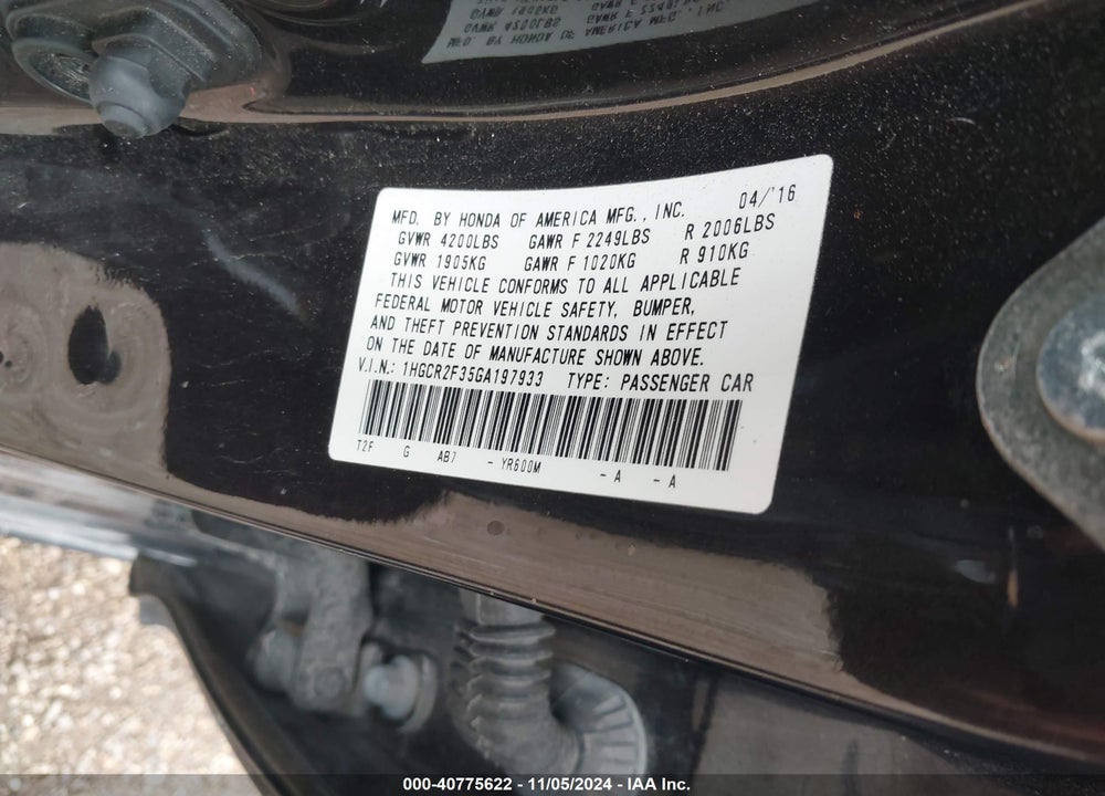 2016 HONDA ACCORD LX VIN: 1HGCR2F35GA197933