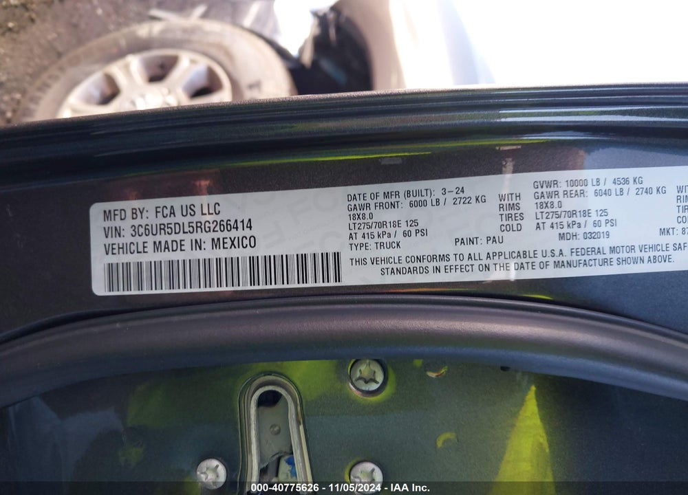 2024 RAM 2500 BIG HORN 4X4 6'4 BOX VIN: 3C6UR5DL5RG266414