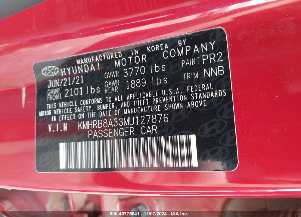 2021 HYUNDAI VENUE SE VIN: KMHRB8A33MU127876