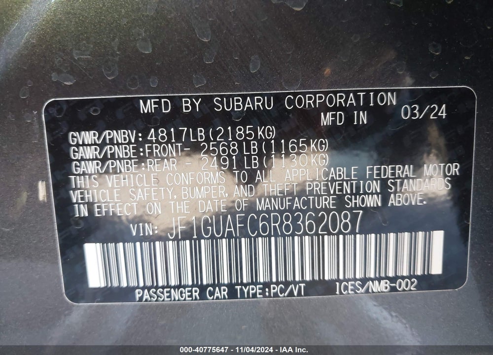 2024 SUBARU IMPREZA VIN: JF1GUAFC6R8362087