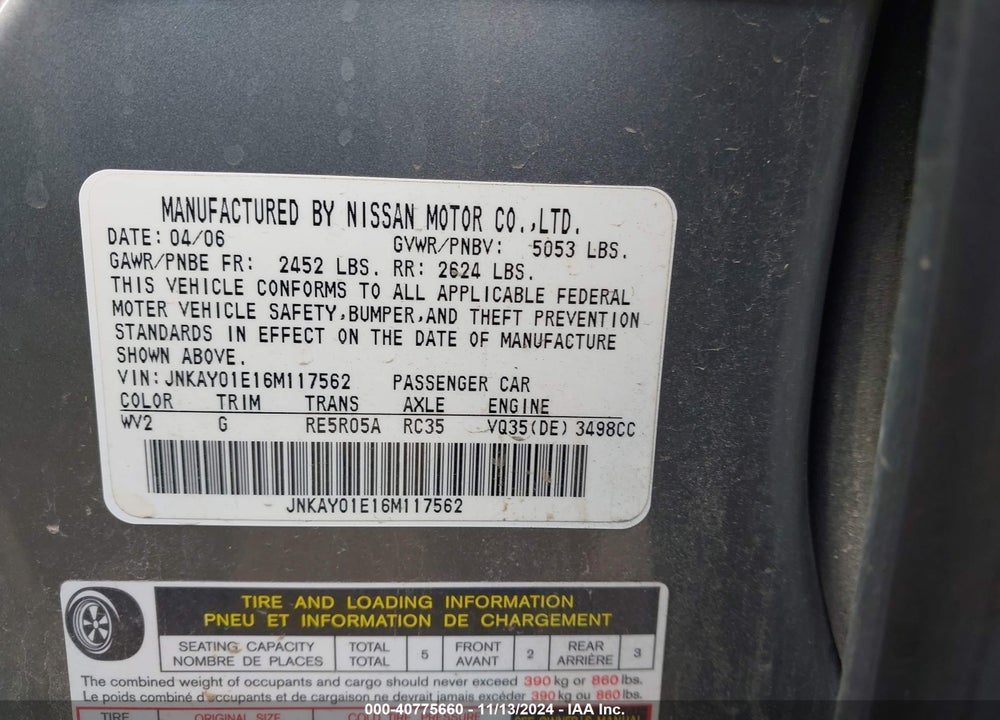 2006 INFINITI M35 VIN: JNKAY01E16M117562