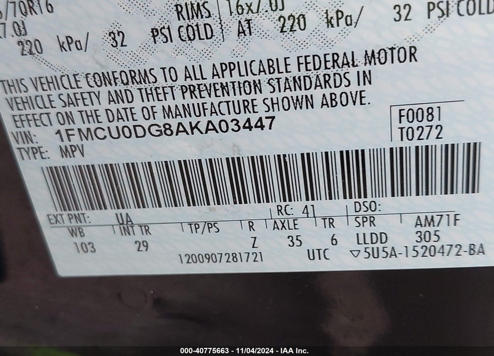 2010 FORD ESCAPE XLT VIN: 1FMCU0DG8AKA03447