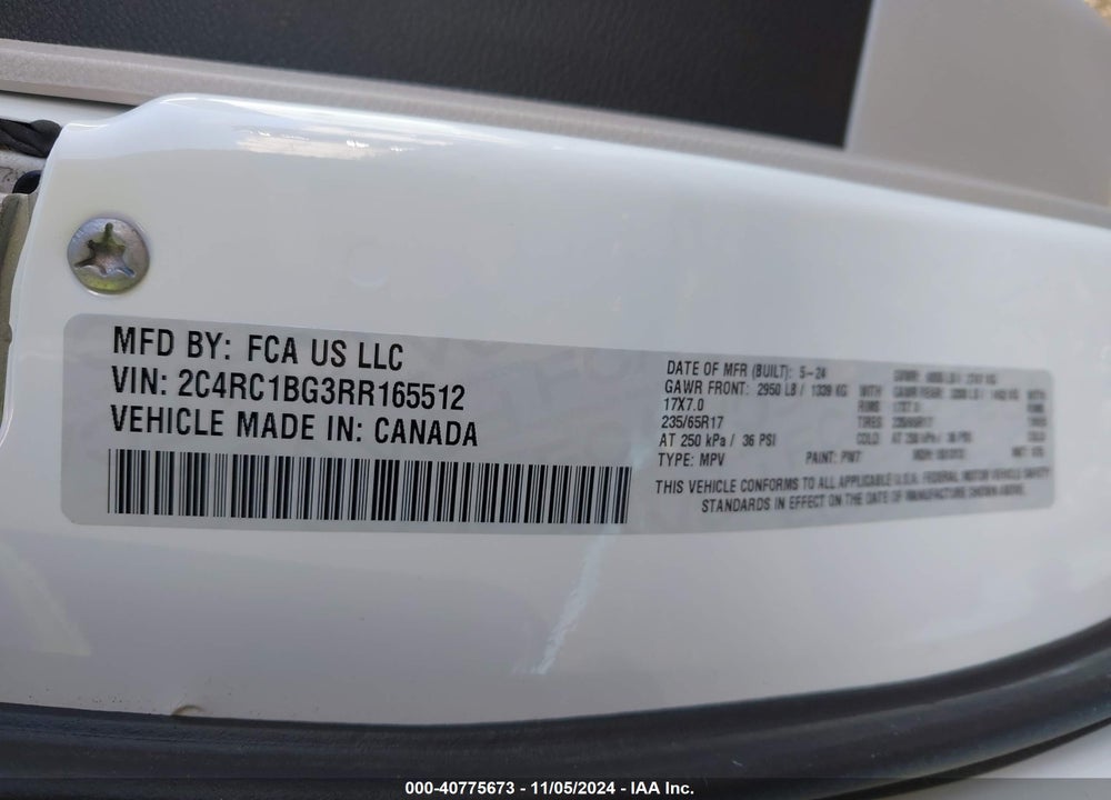 2024 CHRYSLER PACIFICA TOURING L VIN: 2C4RC1BG3RR165512