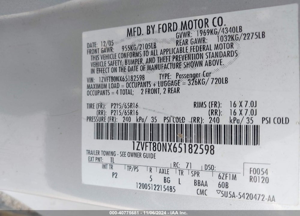 2006 FORD MUSTANG V6 VIN: 1ZVFT80NX65182598