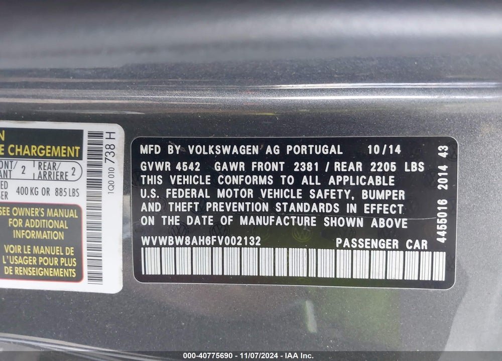 2015 VOLKSWAGEN EOS KOMFORT EDITION VIN: WVWBW8AH6FV002132