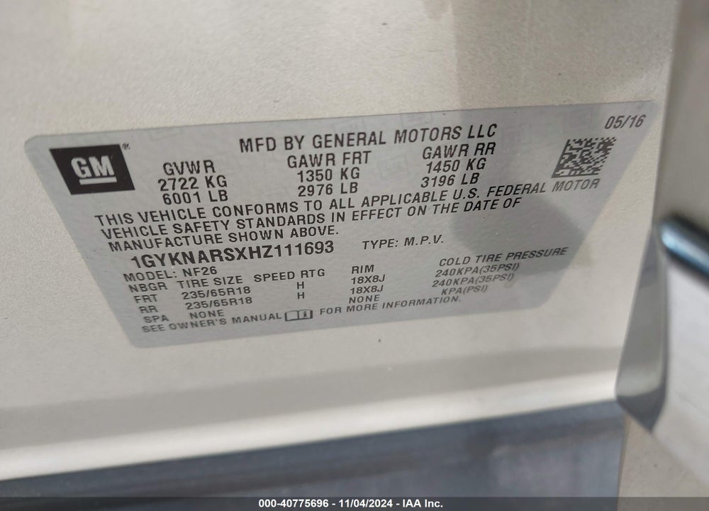 2017 CADILLAC XT5 STANDARD VIN: 1GYKNARSXHZ111693