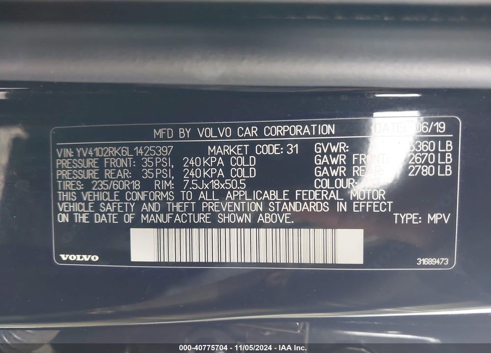 2020 VOLVO XC60 T5 MOMENTUM VIN: YV4102RK6L1425397