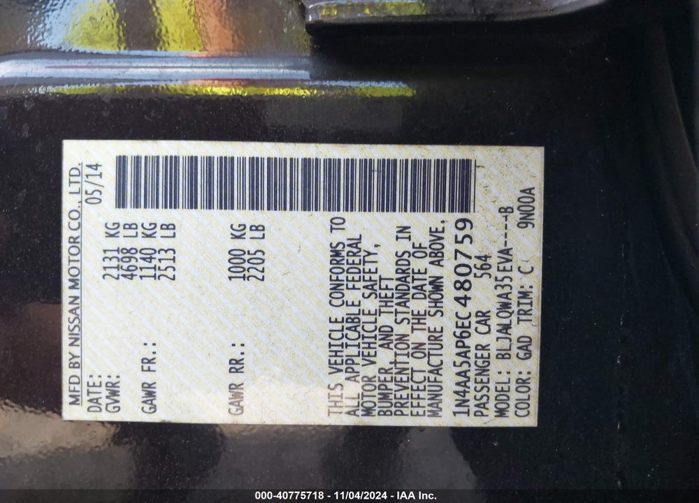 2014 NISSAN MAXIMA 3.5 S VIN: 1N4AA5AP6EC480759