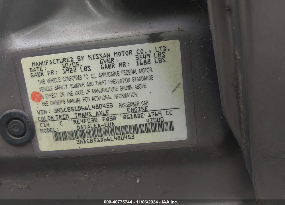 2006 NISSAN SENTRA 1.8S VIN: 3N1CB51D66L480453