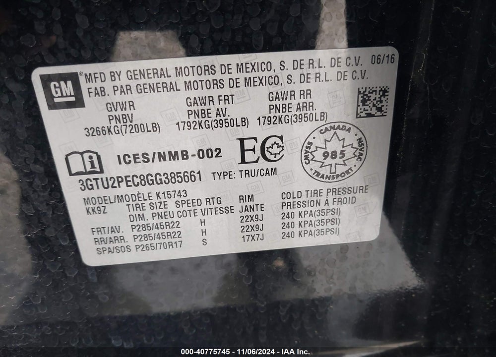 2016 GMC SIERRA 1500 DENALI VIN: 3GTU2PEC8GG385661