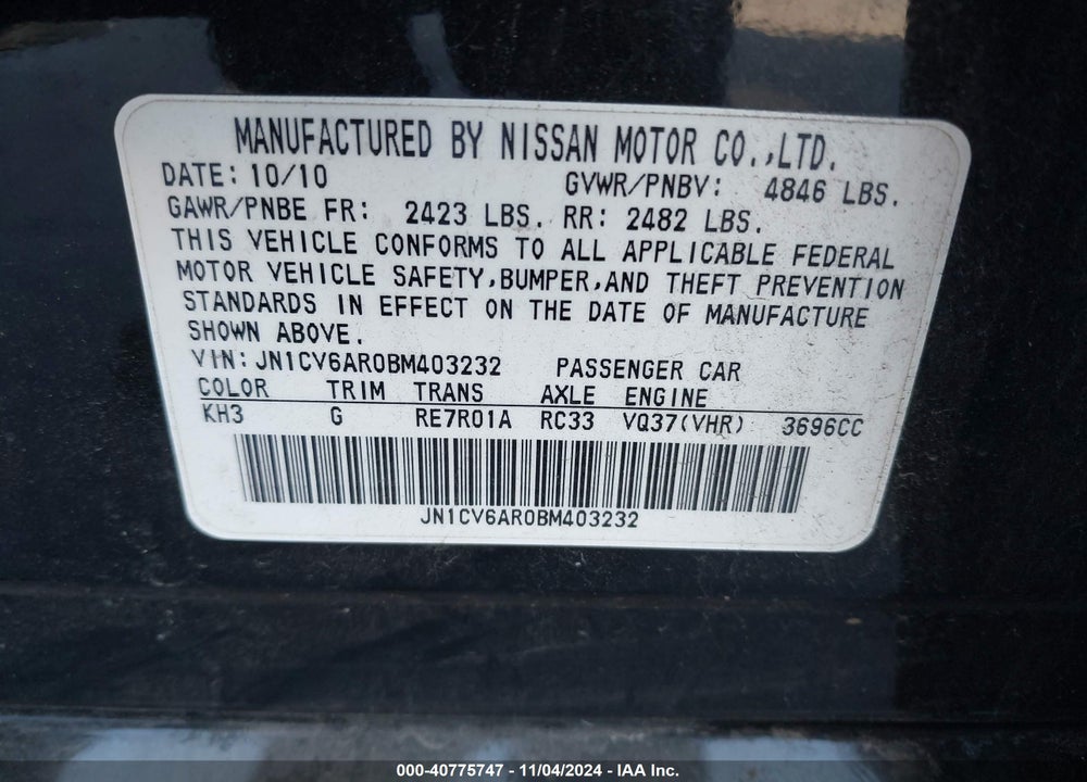 2011 INFINITI G37X VIN: JN1CV6AR0BM403232