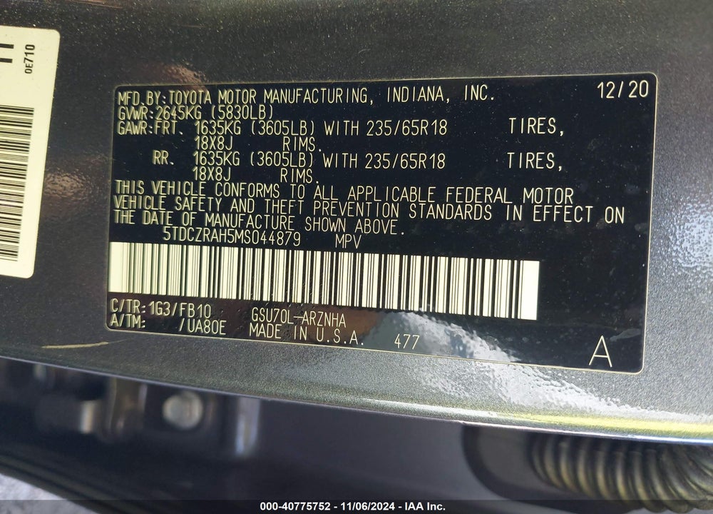 2021 TOYOTA HIGHLANDER L VIN: 5TDCZRAH5MS044879