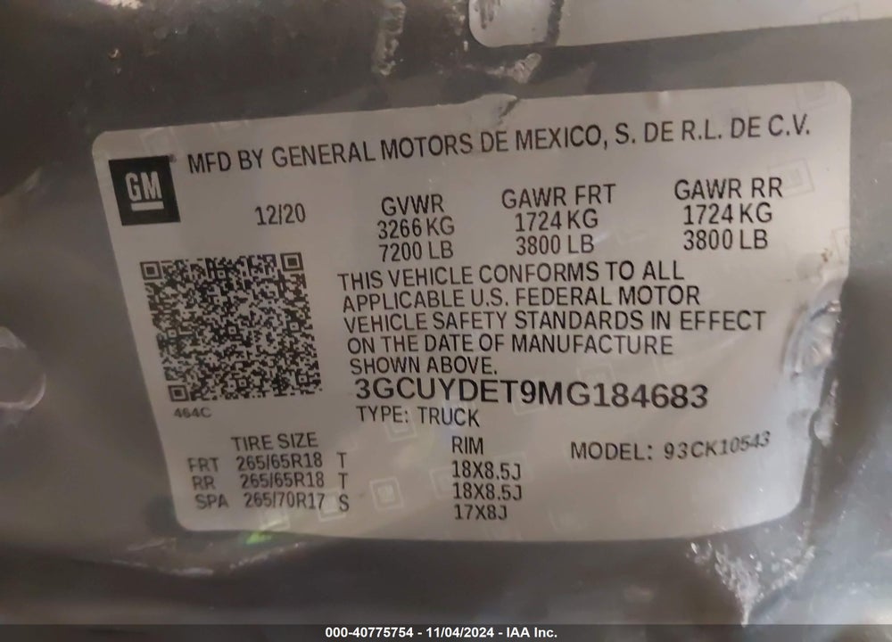 2021 CHEVROLET SILVERADO 1500 VIN: 3GCUYDET9MG184683