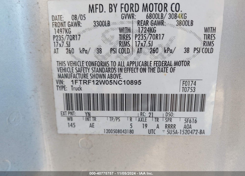2005 FORD F-150 STX/XL/XLT VIN: 1FTRF12W05NC10895