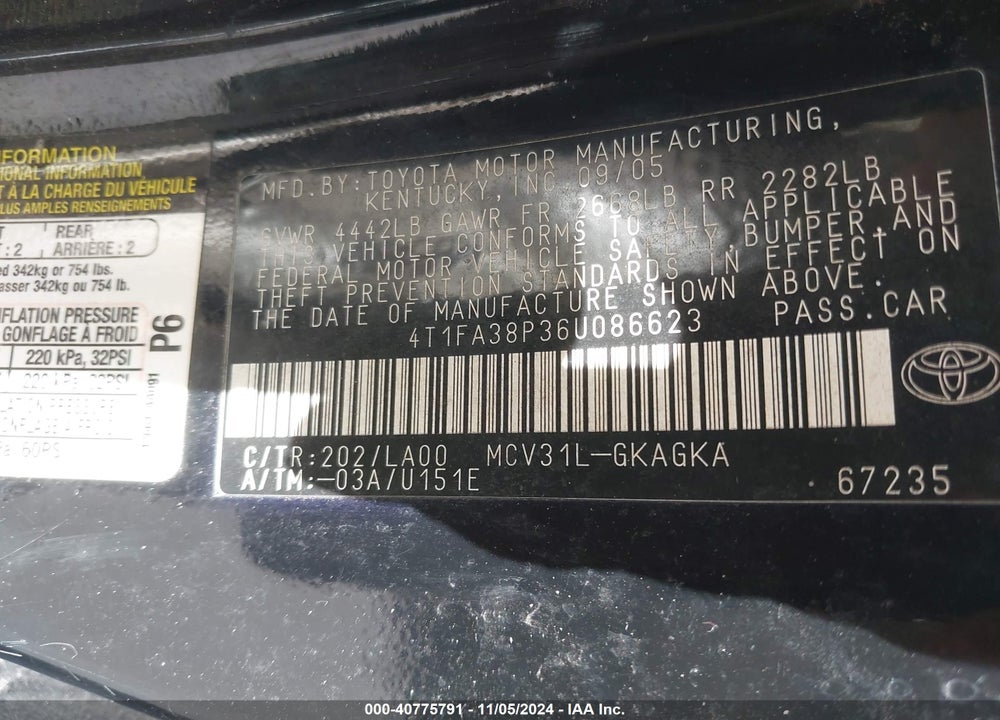 2006 TOYOTA CAMRY SOLARA SLE VIN: 4T1FA38P36U086623