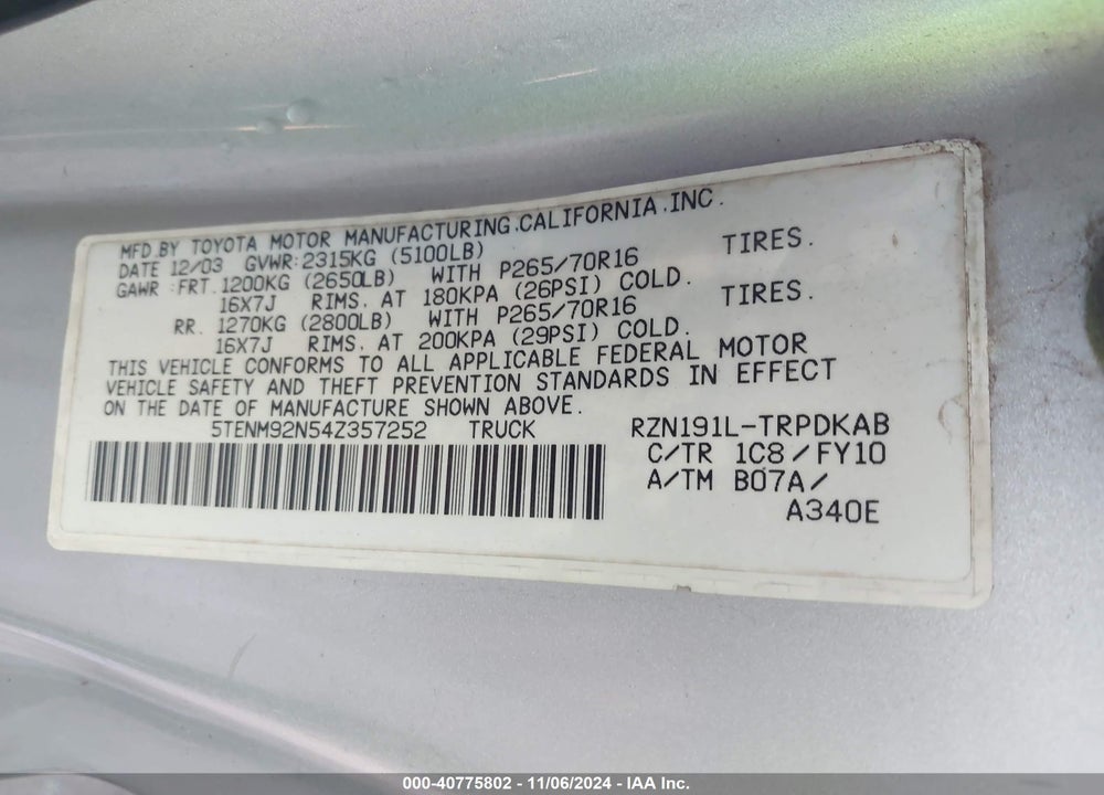 2004 TOYOTA TACOMA PRERUNNER VIN: 5TENM92N54Z357252