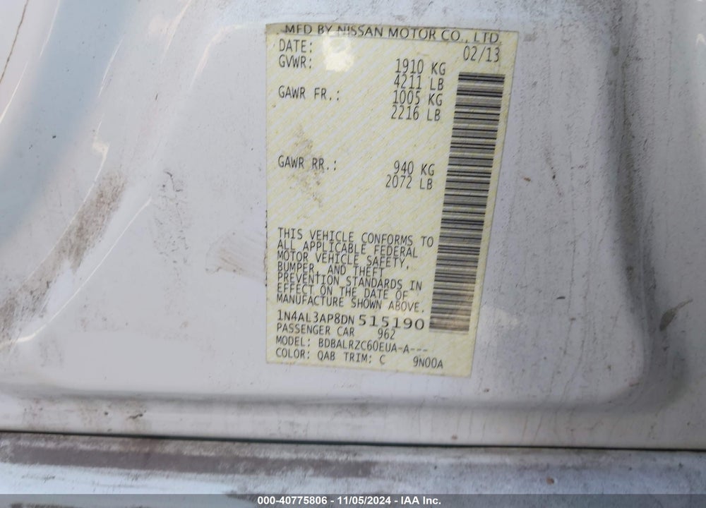 2013 NISSAN ALTIMA 2.5 S VIN: 1N4AL3AP8DN515190