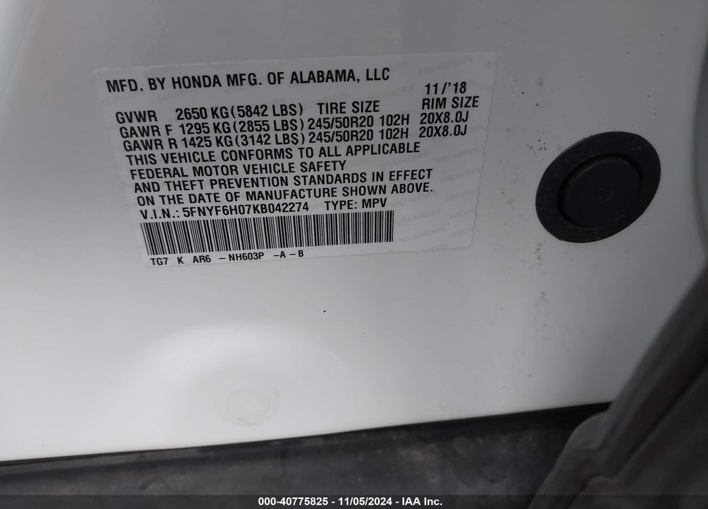 2019 HONDA PILOT ELITE VIN: 5FNYF6H07KB042274