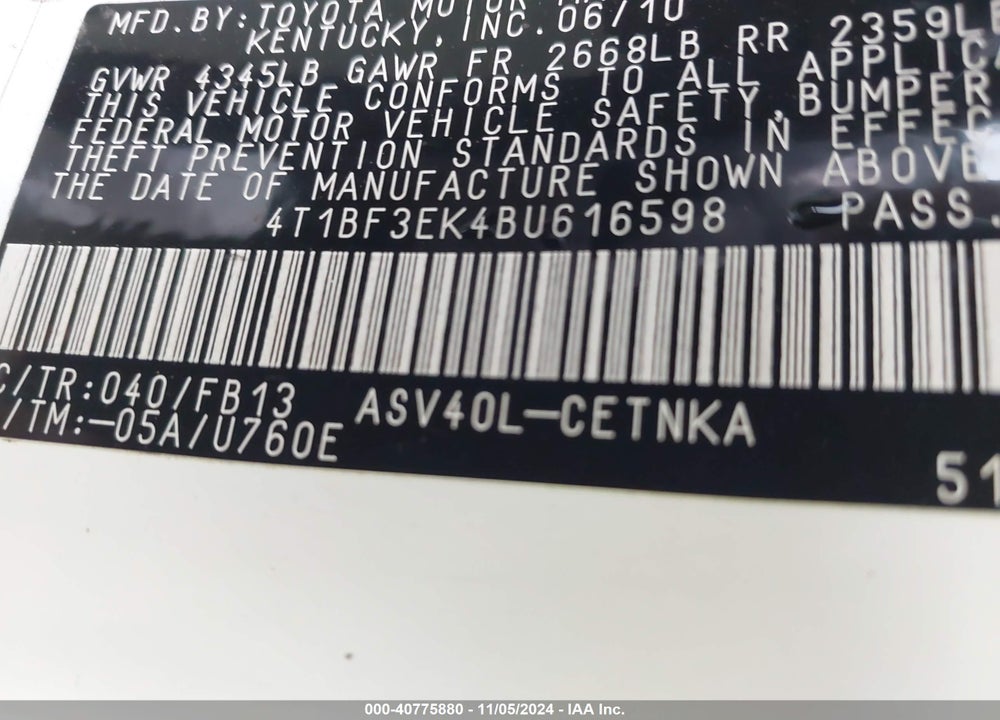 2011 TOYOTA CAMRY LE VIN: 4T1BF3EK4BU616598