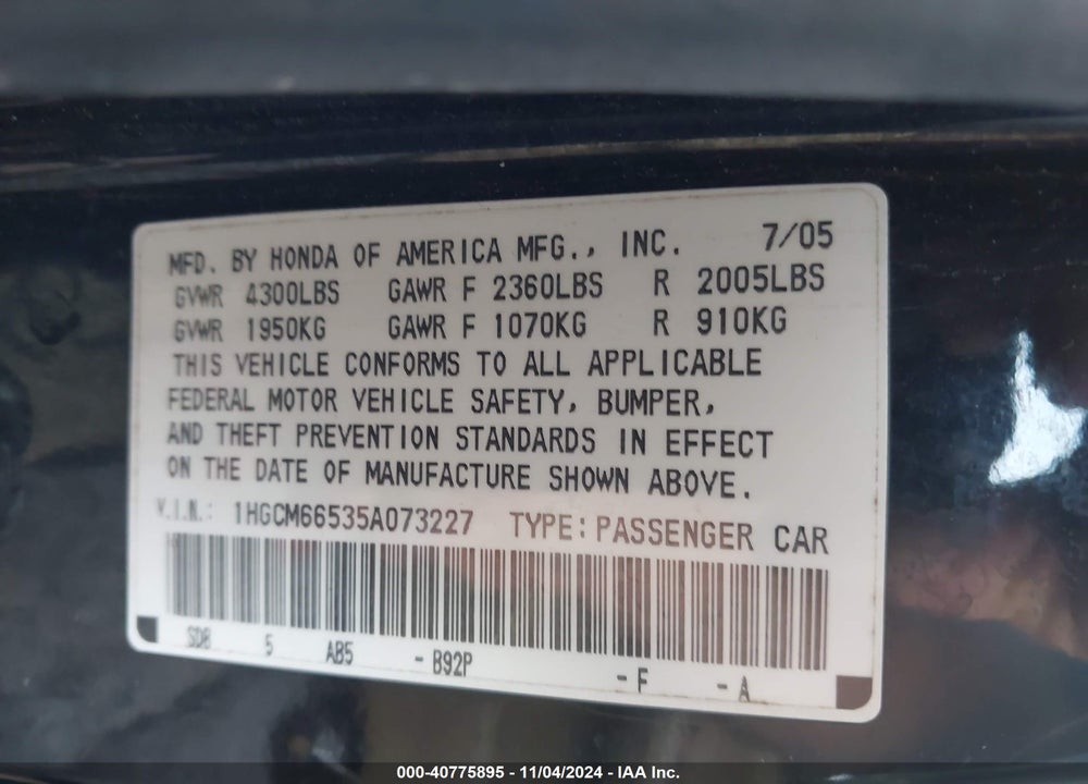 2005 HONDA ACCORD 3.0 EX VIN: 1HGCM66535A073227