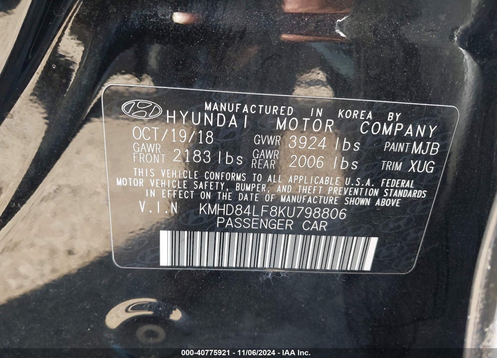 2019 HYUNDAI ELANTRA VALUE EDITION VIN: KMHD84LF8KU798806