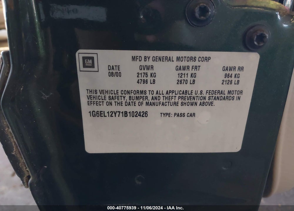2001 CADILLAC ELDORADO ESC VIN: 1G6EL12Y71B102426
