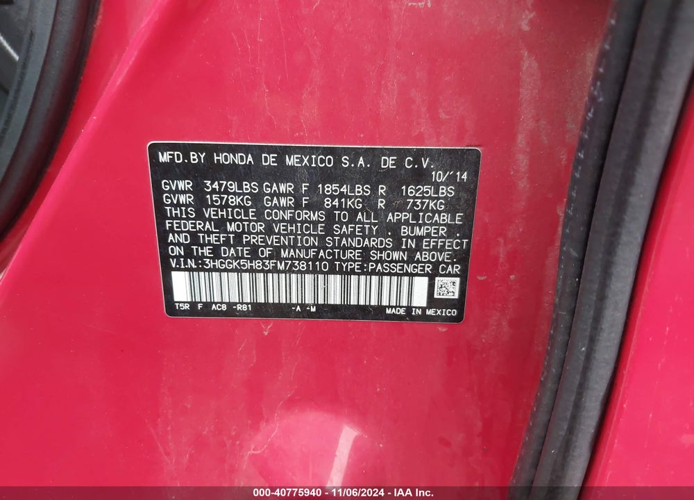 2015 HONDA FIT EX/EX-L VIN: 3HGGK5H83FM738110