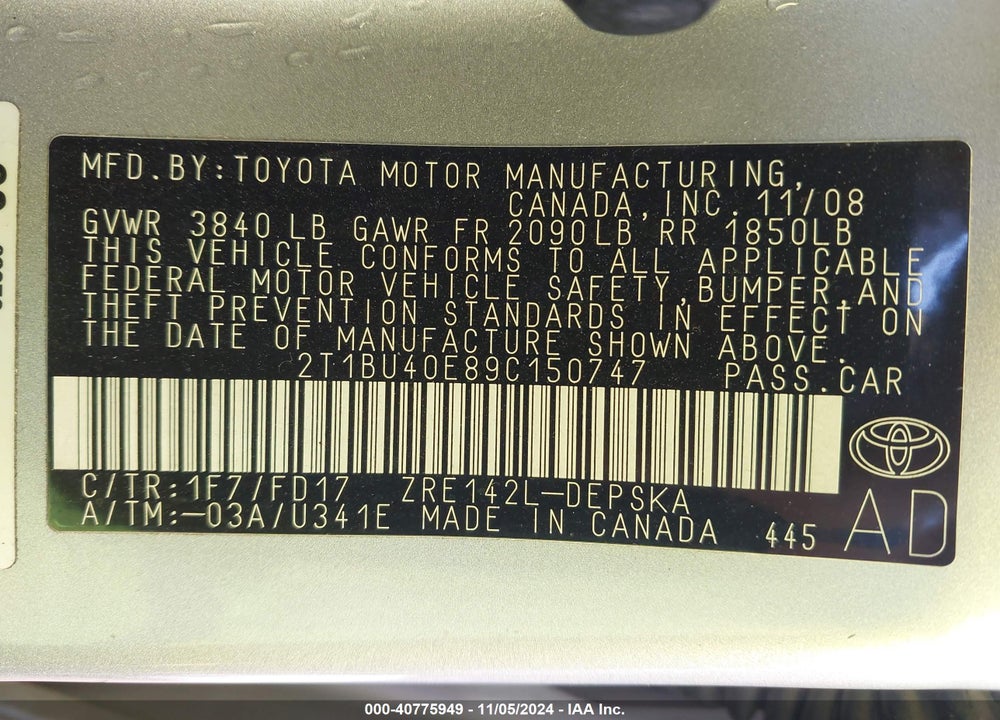 2009 TOYOTA COROLLA S VIN: 2T1BU40E89C150747