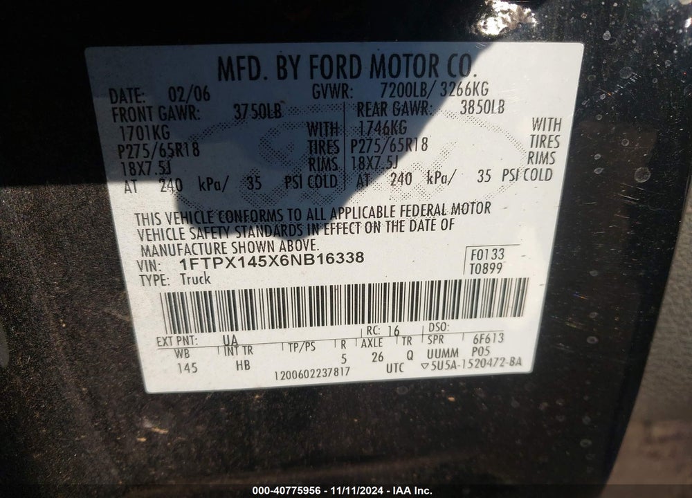 2006 FORD F-150 FX4/LARIAT/XL/XLT VIN: 1FTPX145X6NB16338