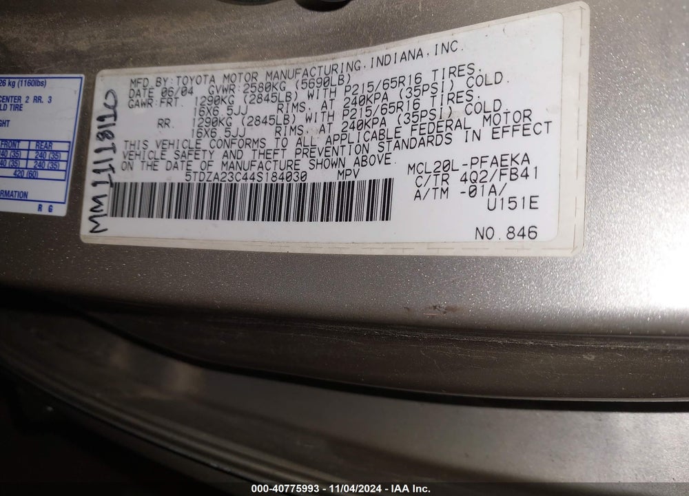 2004 TOYOTA SIENNA LE VIN: 5TDZA23C44S184030