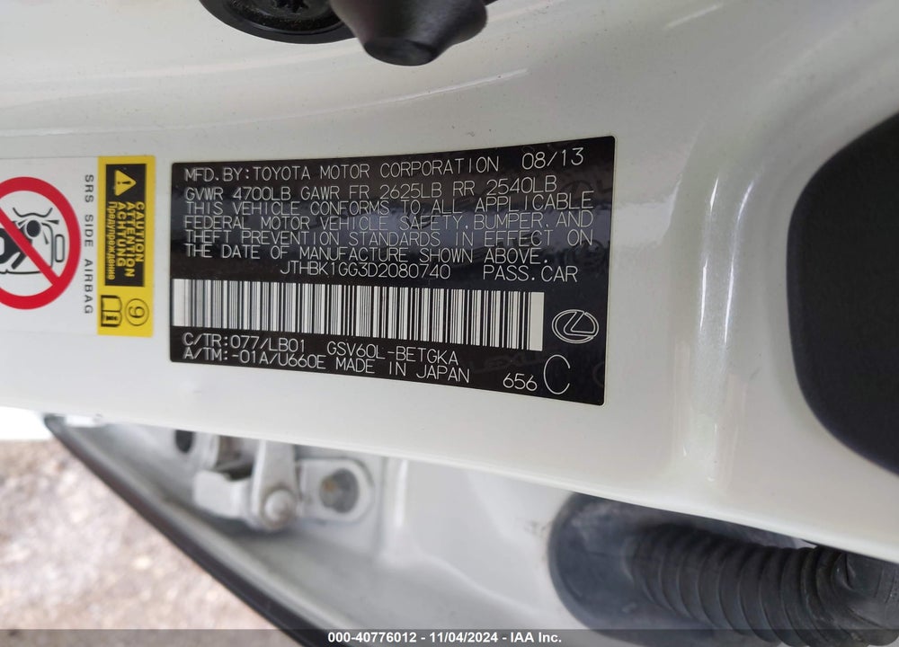 2013 LEXUS ES 350 VIN: JTHBK1GG3D2080740