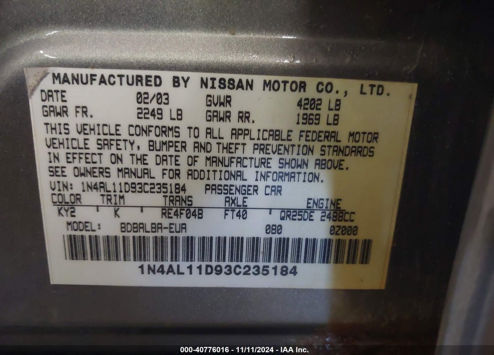 2003 NISSAN ALTIMA 2.5 S VIN: 1N4AL11D93C235184