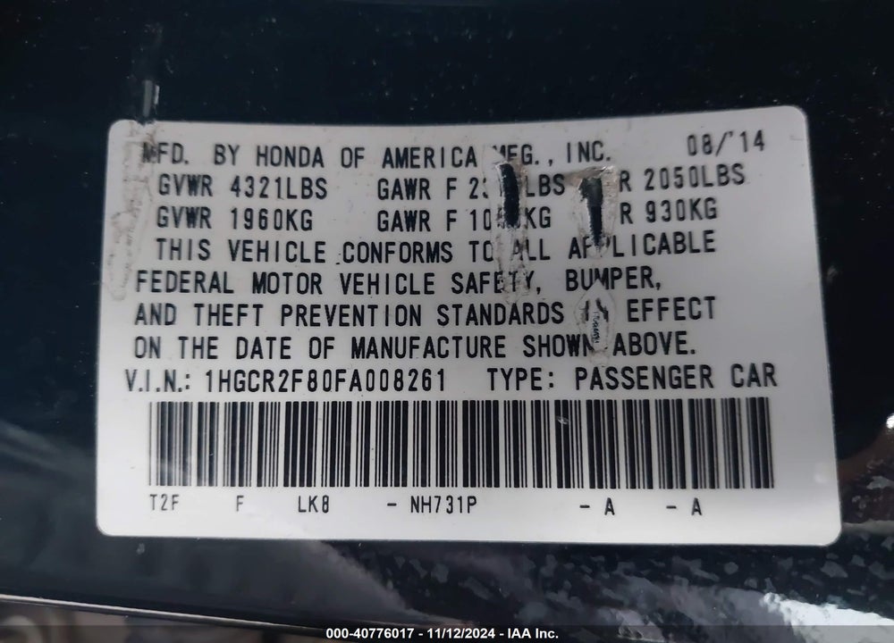 2015 HONDA ACCORD EX-L VIN: 1HGCR2F80FA008261