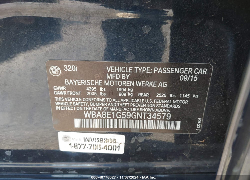 2016 BMW 320I VIN: WBA8E1G59GNT34579