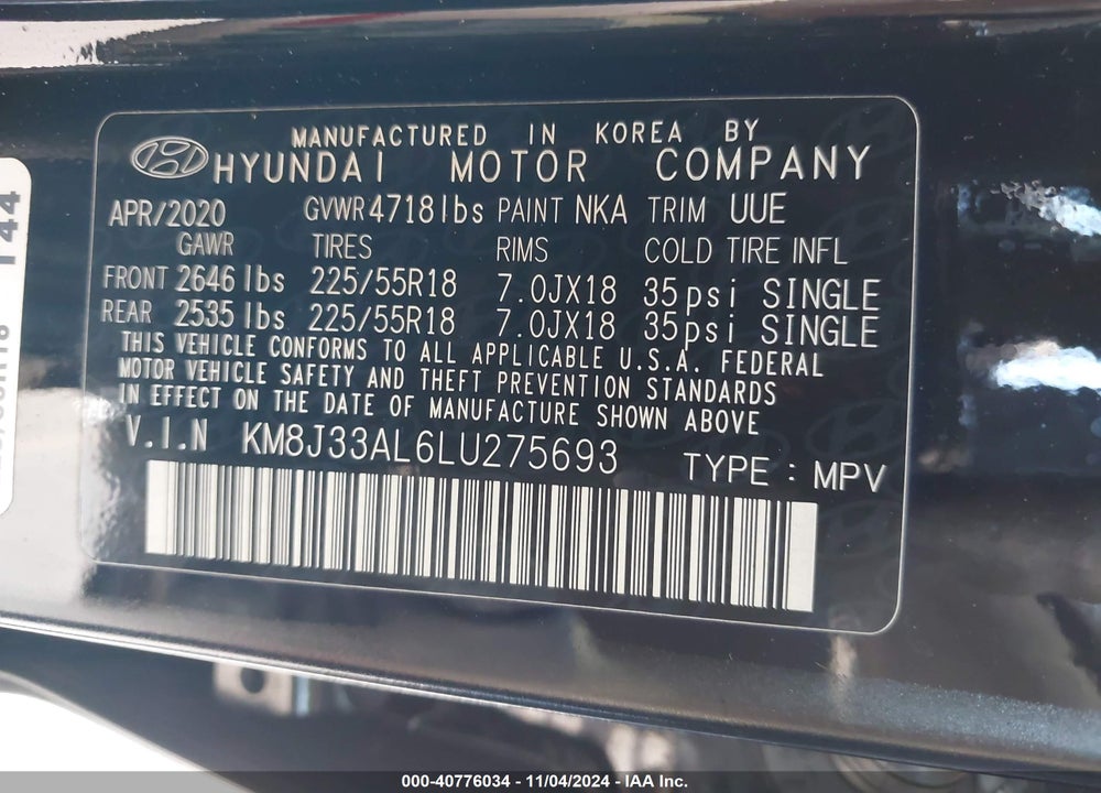 2020 HYUNDAI TUCSON ULTIMATE VIN: KM8J33AL6LU275693