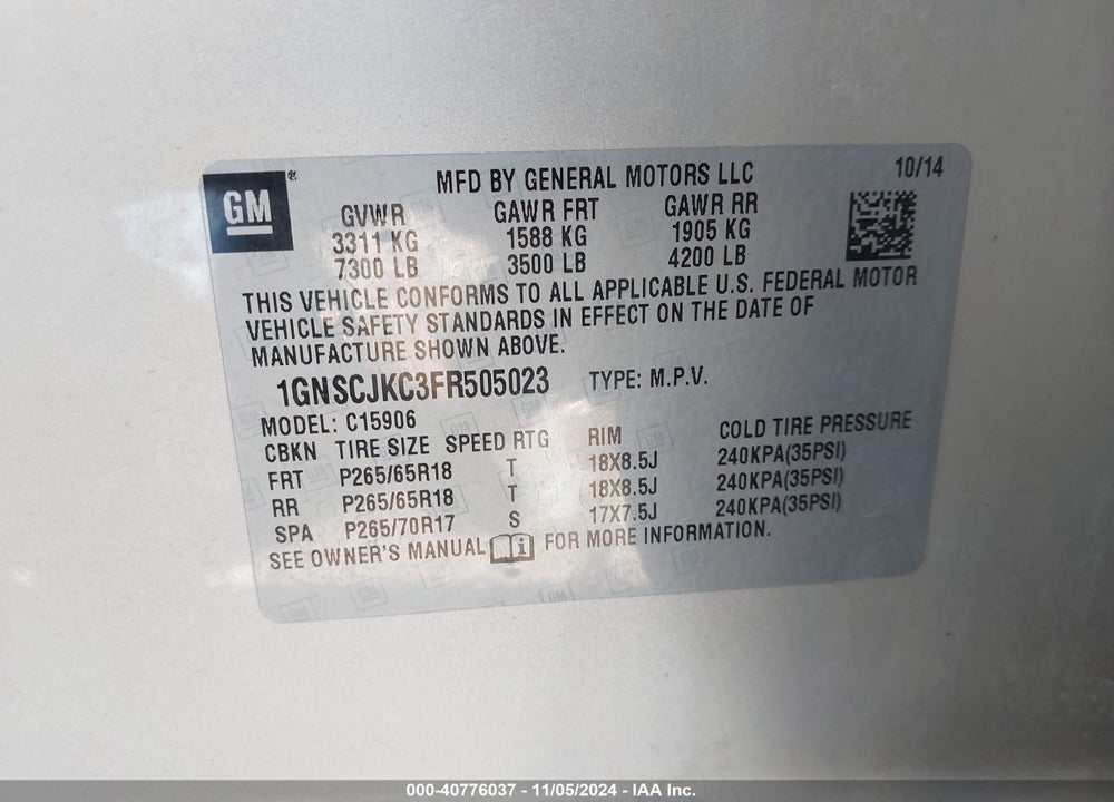 2015 CHEVROLET SUBURBAN 1500 LT VIN: 1GNSCJKC3FR505023