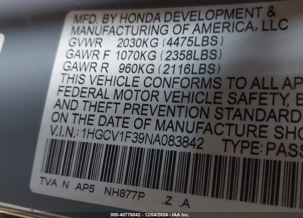2022 HONDA ACCORD VIN: 1HGCV1F39NA083842