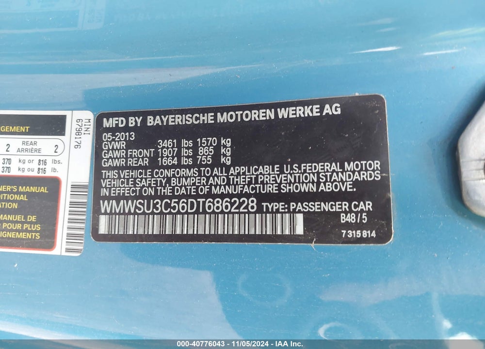 2013 MINI HARDTOP COOPER VIN: WMWSU3C56DT686228