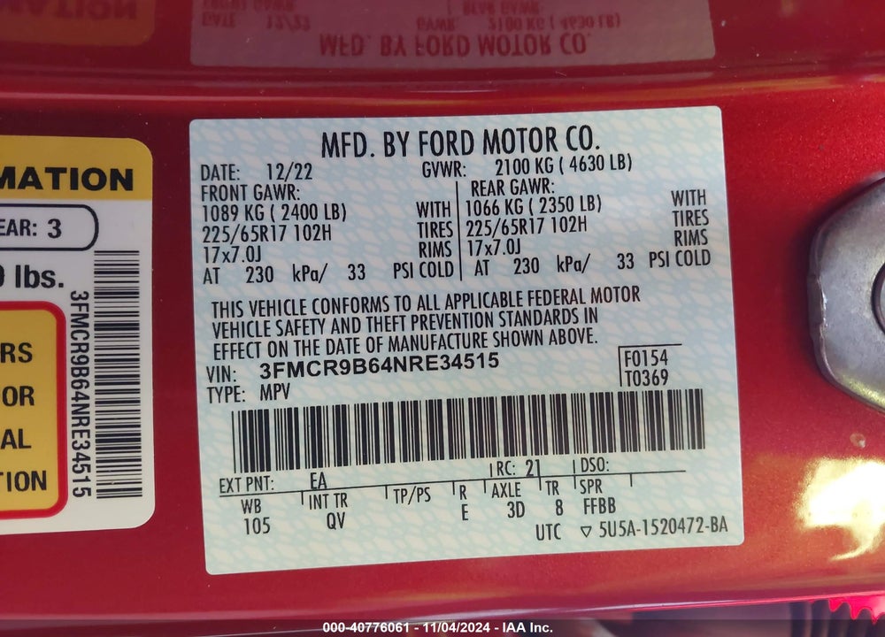 2022 FORD BRONCO SPORT BIG BEND VIN: 3FMCR9B64NRE34515