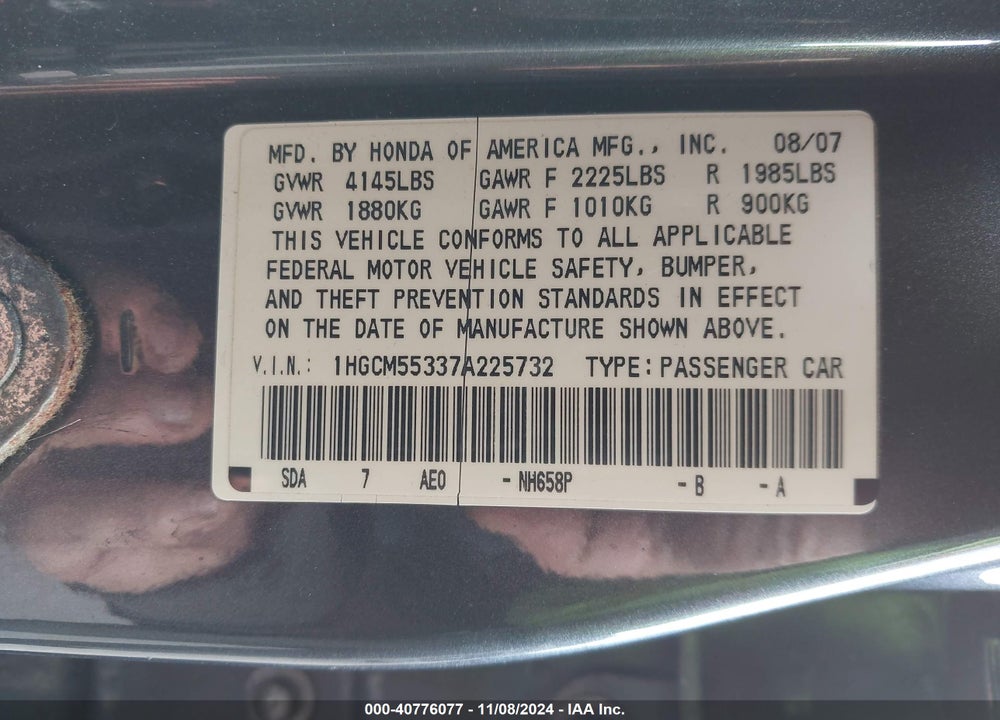 2007 HONDA ACCORD 2.4 SE VIN: 1HGCM55337A225732