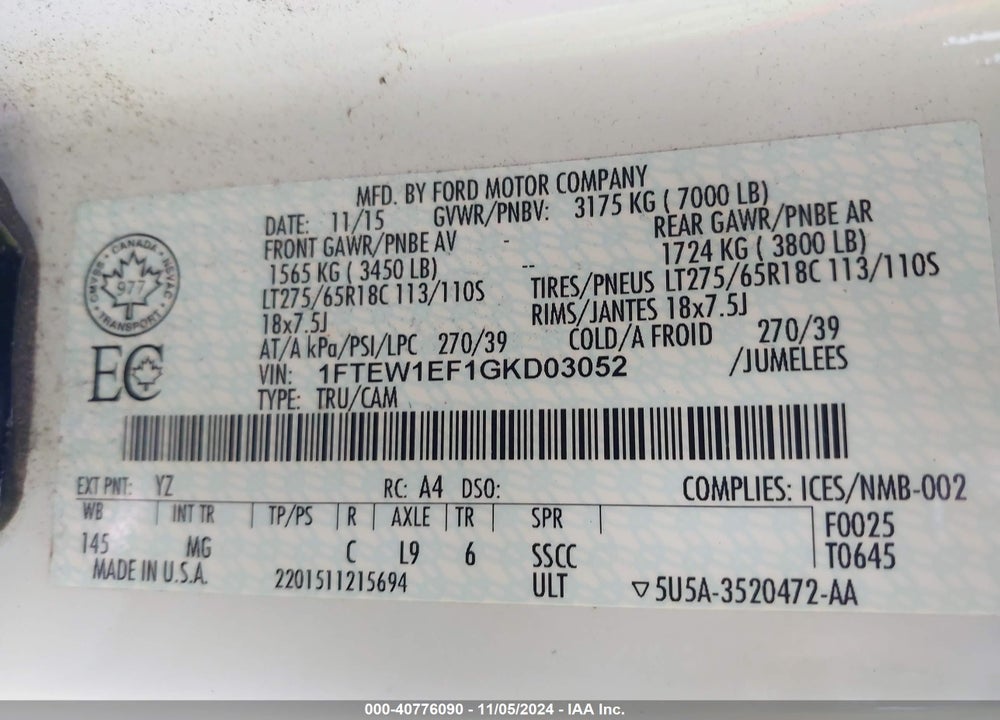 2016 FORD F-150 XLT VIN: 1FTEW1EF1GKD03052