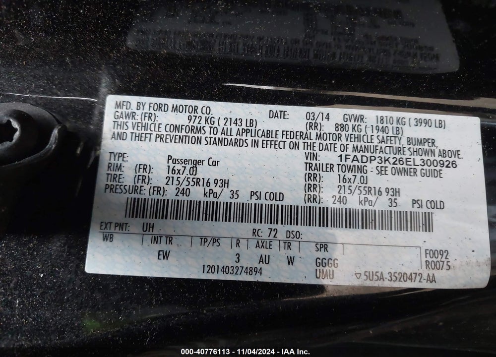 2014 FORD FOCUS SE VIN: 1FADP3K26EL300926