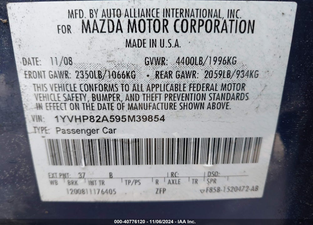 2009 MAZDA 6 I TOURING VIN: 1YVHP82A595M39854