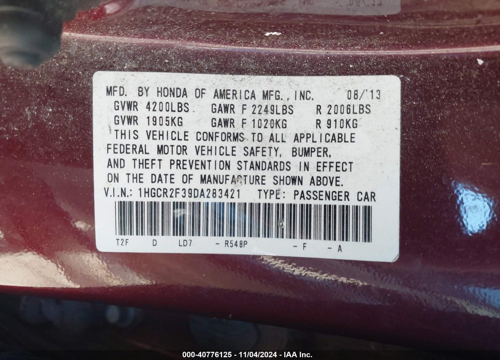 2013 HONDA ACCORD LX VIN: 1HGCR2F39DA283421
