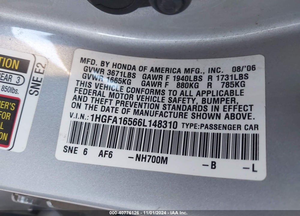 2006 HONDA CIVIC LX VIN: 1HGFA16566L148310