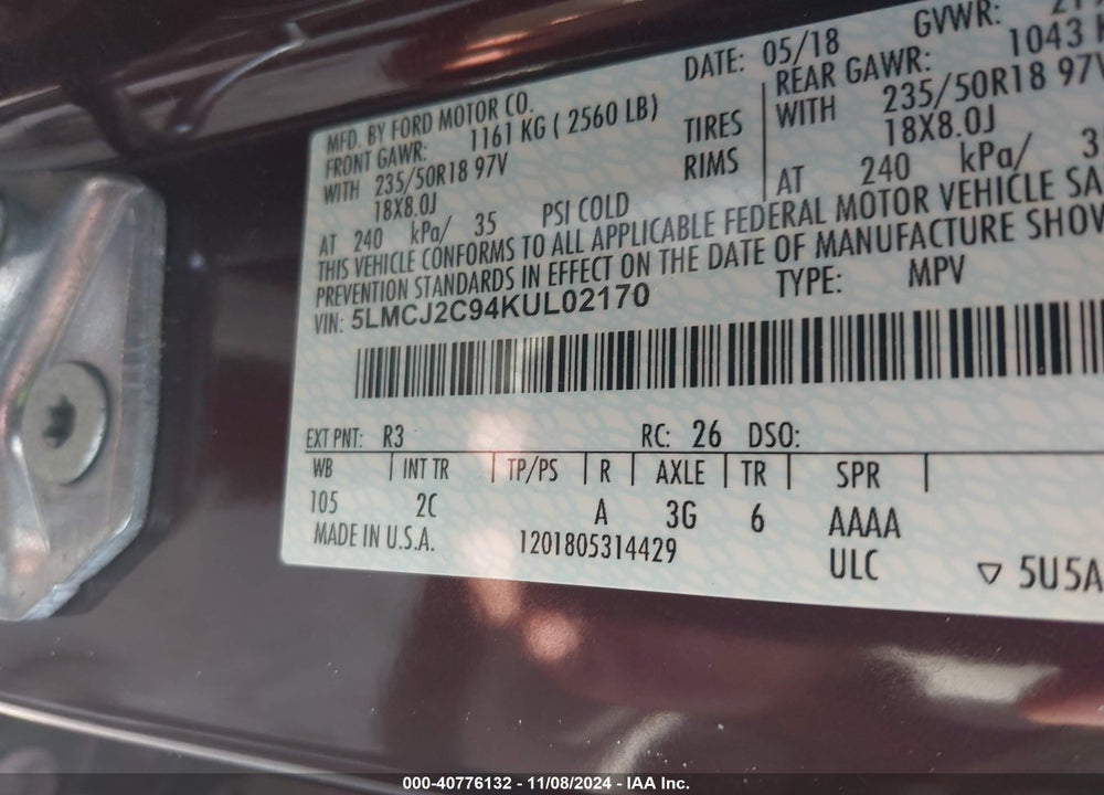 2019 LINCOLN MKC SELECT VIN: 5LMCJ2C94KUL02170