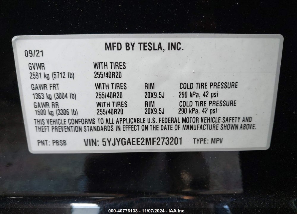 2021 TESLA MODEL Y LONG RANGE DUAL MOTOR ALL-WHEEL DRIVE VIN: 5YJYGAEE2MF273201